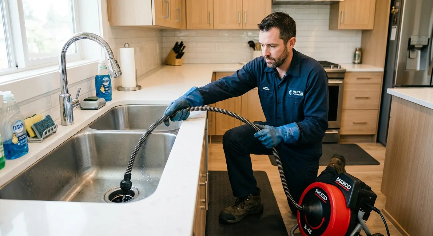Drain cleaning technician using a motorized snake on a kitchen sink in Glocester