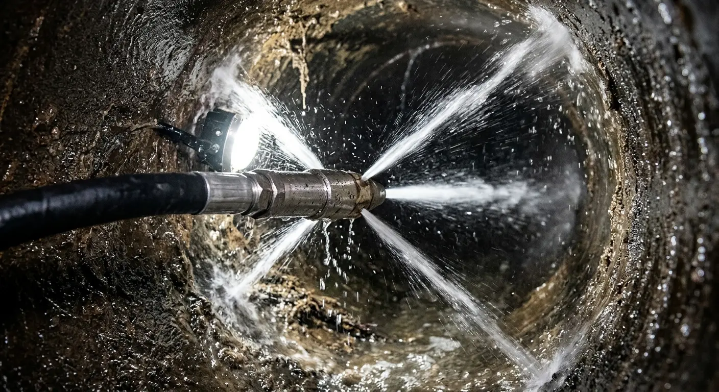 High-pressure hydro jetting nozzle cleaning sewer pipe for Sewer Cleanout in Glocester