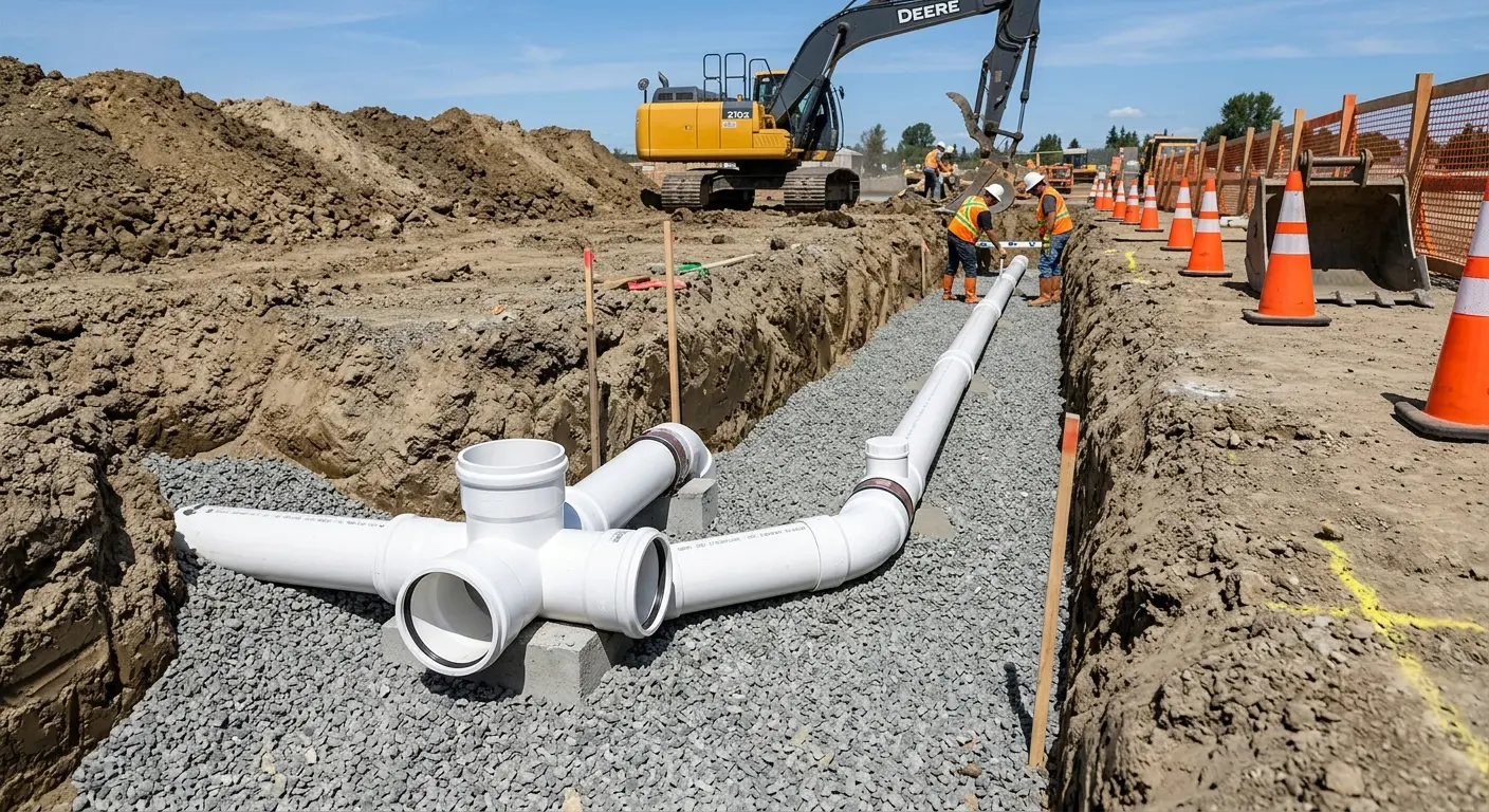 New PVC sewer pipe installation in open trench for Commercial Drain Cleaning in Glocester